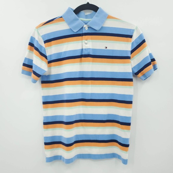 Tommy Hilfiger Youth Striped Polo Shirt Large 12/14 Orange Blue - Picture 1 of 7